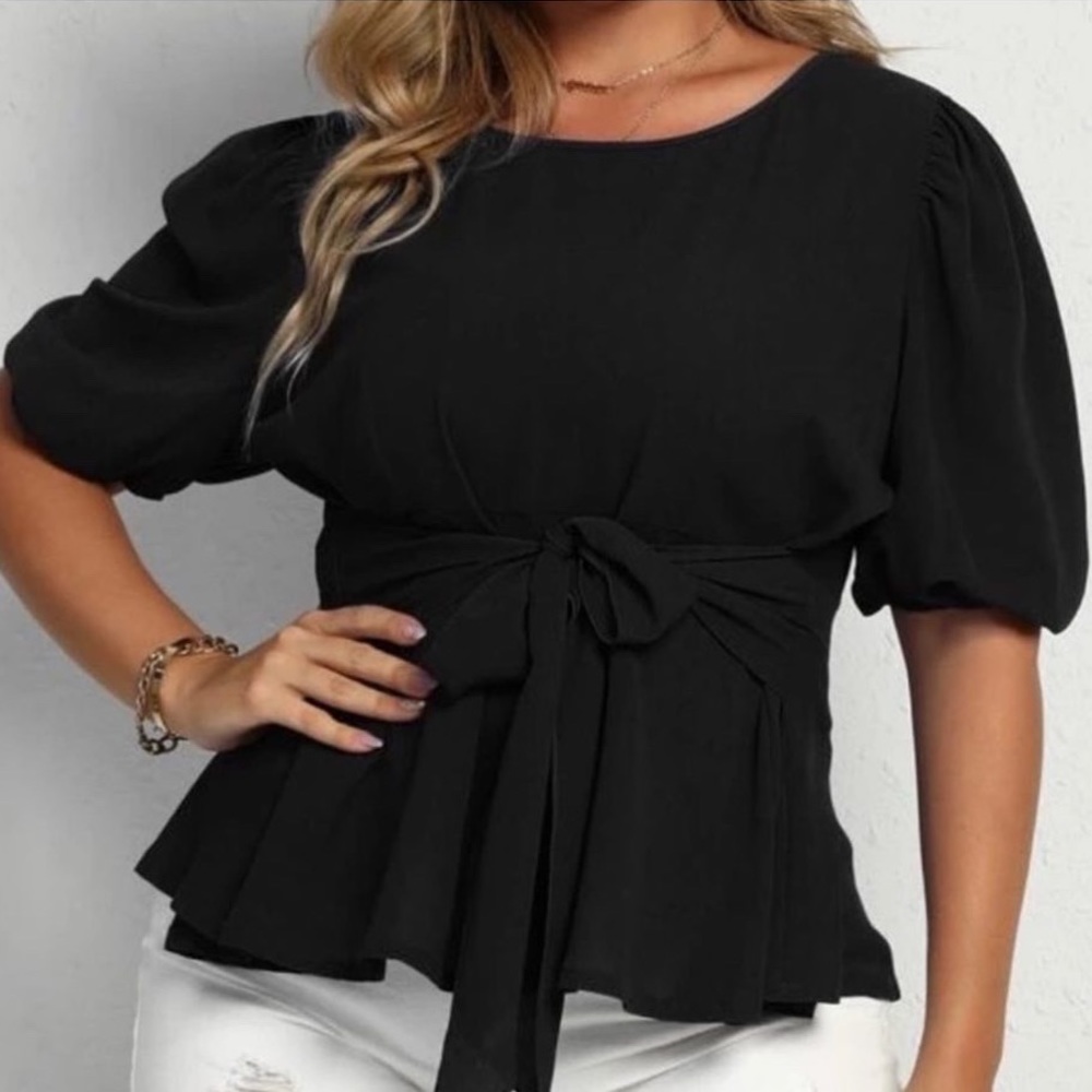 Puff sleeve belted blouse